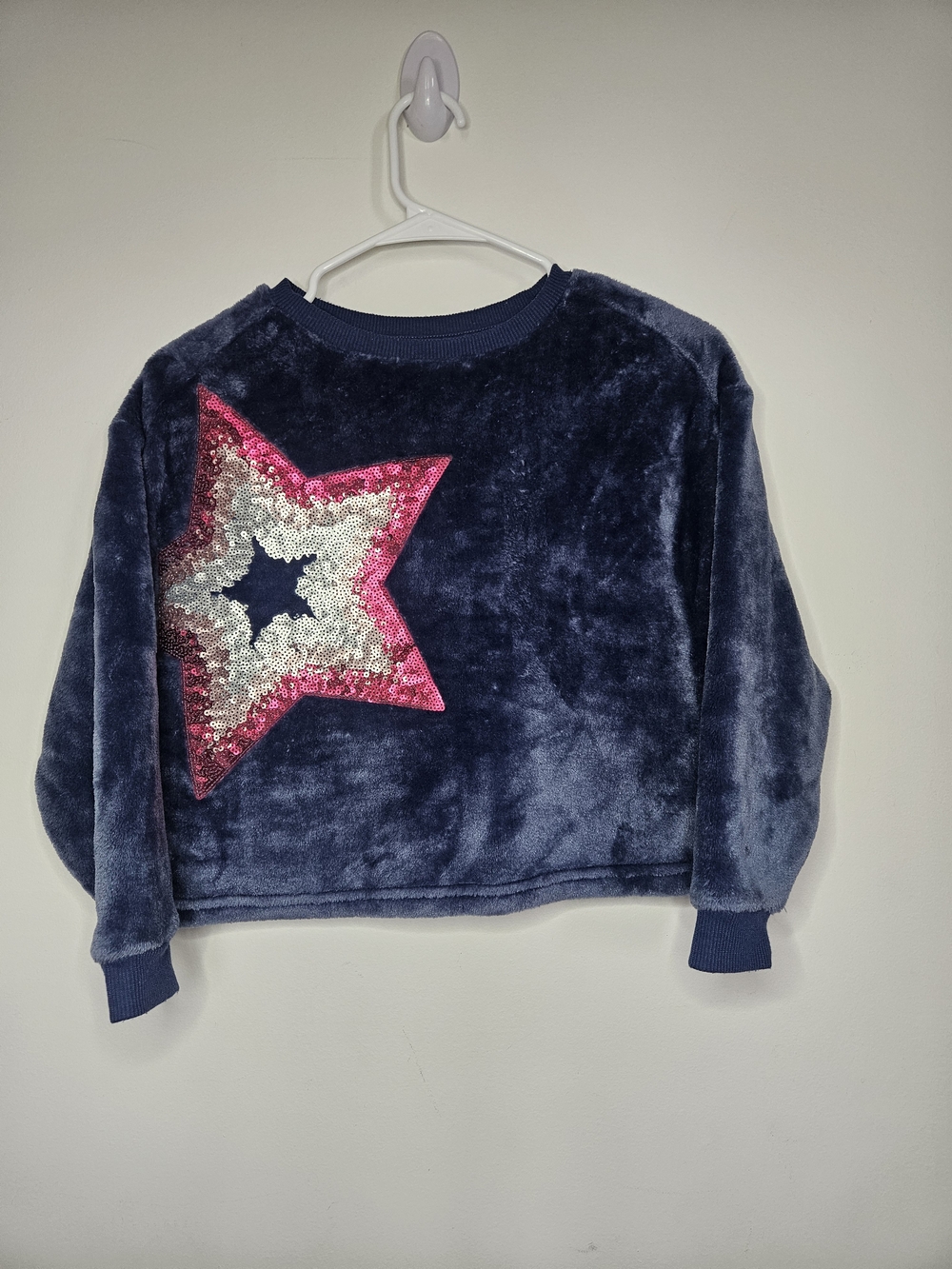 George Navy Blue Faux Fur Fleece Sweater Reversible Sequin Star Size 7-8🩷